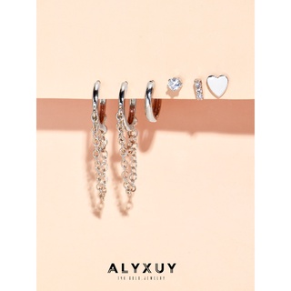 Alyxuy ต่างหูห่วง ทรงกลม สเตนเลส ชุบทองคําขาว 14K สไตล์พังก์ (ขาย 6 ชิ้น)