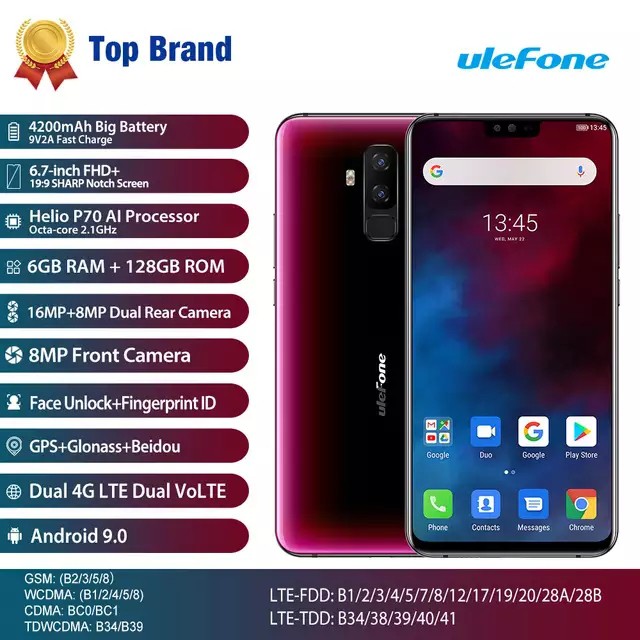 Ulefone T2 4G สมาร์ทโฟน จอ 6.7 นิ้ว 6GB แรม128GB รอม แบตอึด4200mAh แอมป์ FHD + โทรศัพท์มือถือ Android9.0