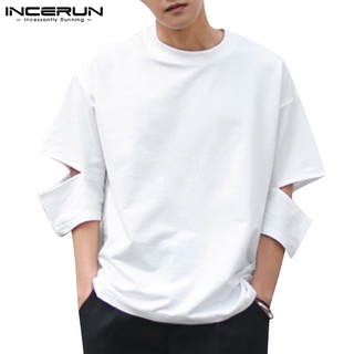 Incerun เสื้อยืดลําลอง แขนสั้น ฉลุลาย ทรงหลวม แฟชั่นสําหรับผู้ชาย