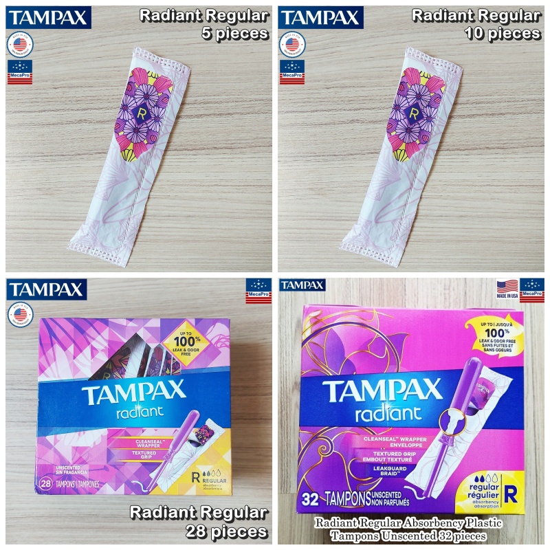 Tampax® Radiant Regular Plastic Tampons 5, 10, 28, 32 Count ผ้าอนามัยแบบสอด สำหรับวันมาปกติ ปราศจากกลิ่นได้ถึง 100%