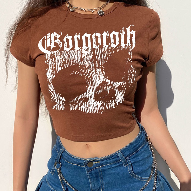 เสื้อครอปท็อป แขนสั้น พิมพ์ลายกะโหลก สไตล์วินเทจ โกธิค 90s สีน้ําตาล สําหรับผู้หญิง