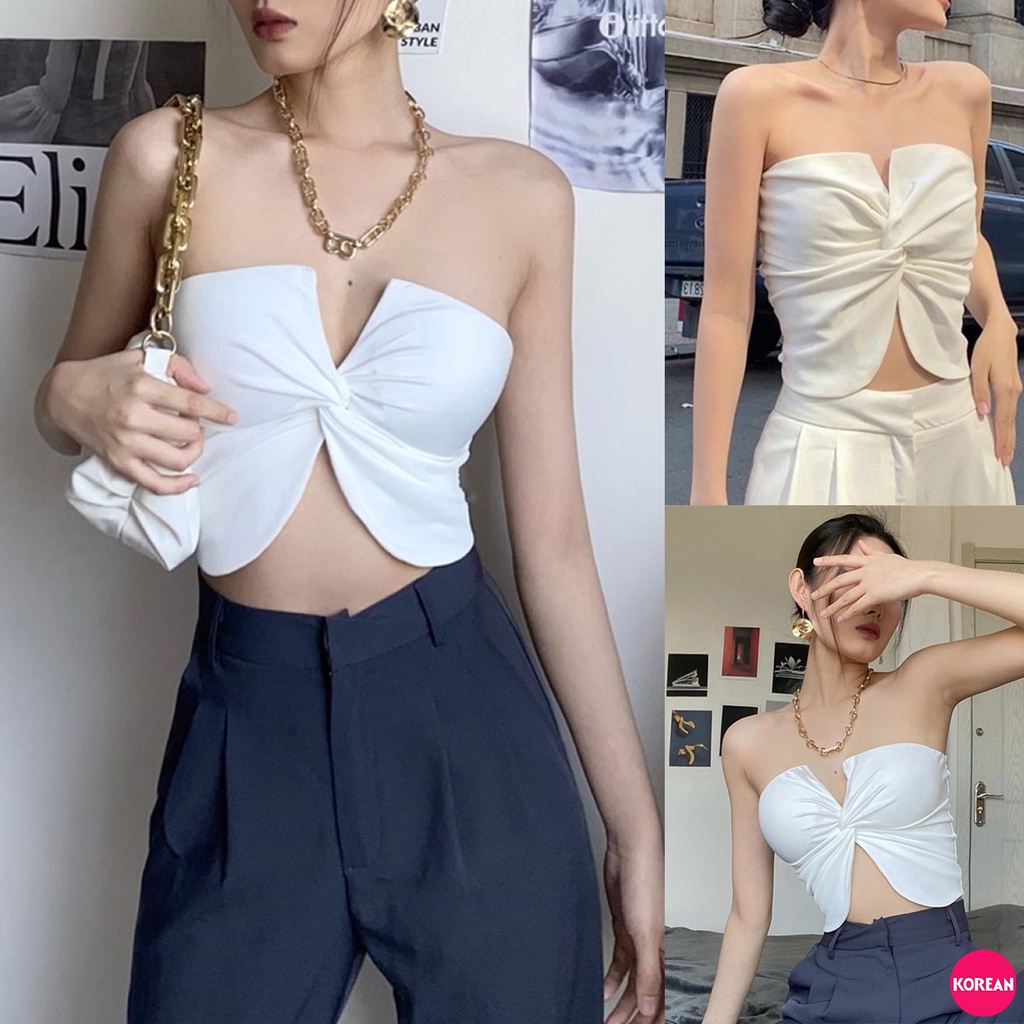 Korean Fashion เสื้อเกาะอก(มีฟองน้ำ)สีขาวล้วน แต่งบิดม้วน