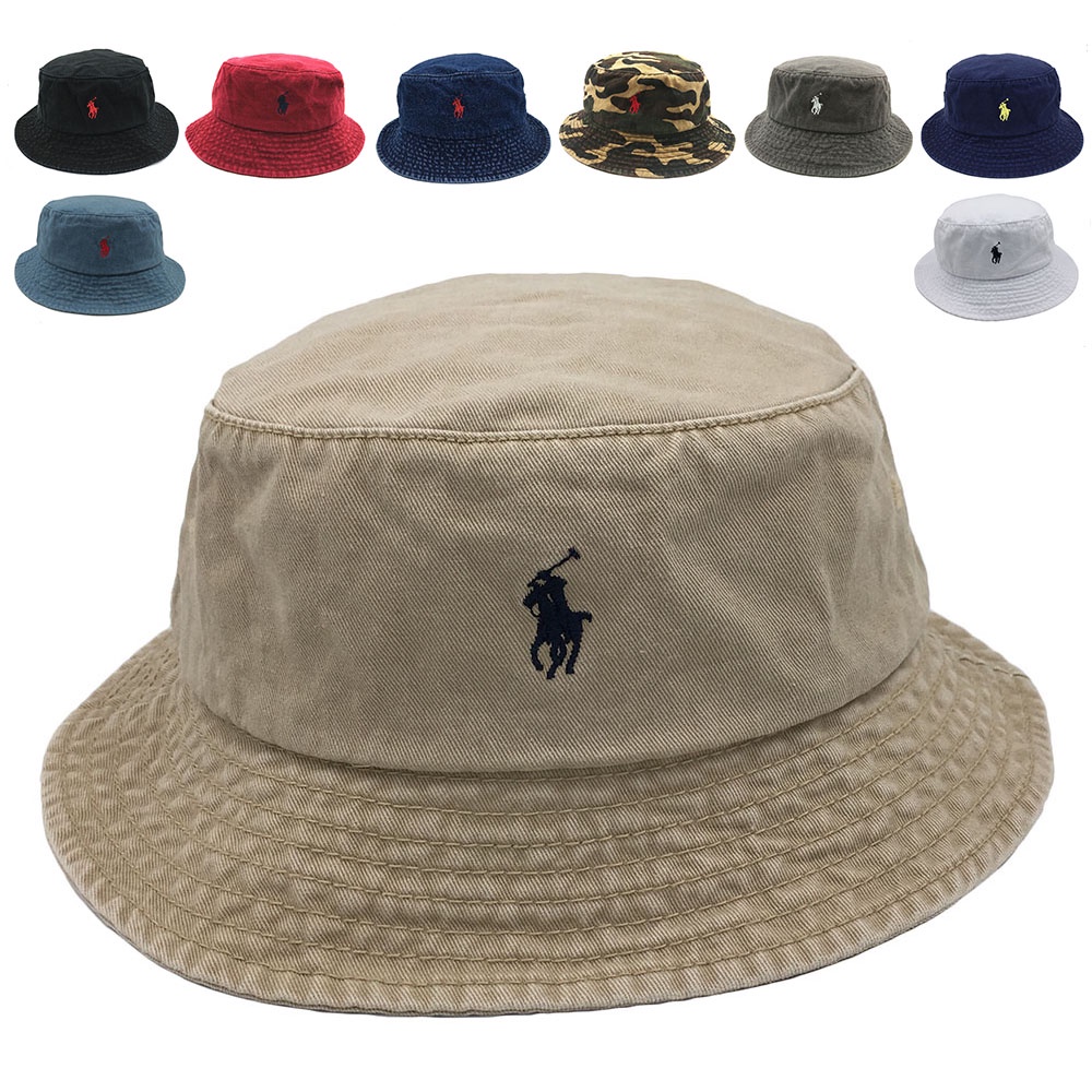 Polo Bucket Hat Small Pony Logo RL Outdoor Leisure Casual Wear Cotton Sunproof Pony Rider เย็บปักถักร้อยสีดําสีเทา Denim Casual Wear