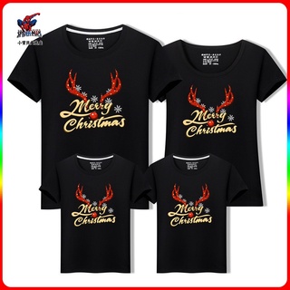 เสื้อยืดผ้าฝ้าย เสื้อยืดคริสต์มาส【In Stocks】Daddy Mommy Daughter Son Cartoon Merry Christmas Print Short Sleeve Top T Sh