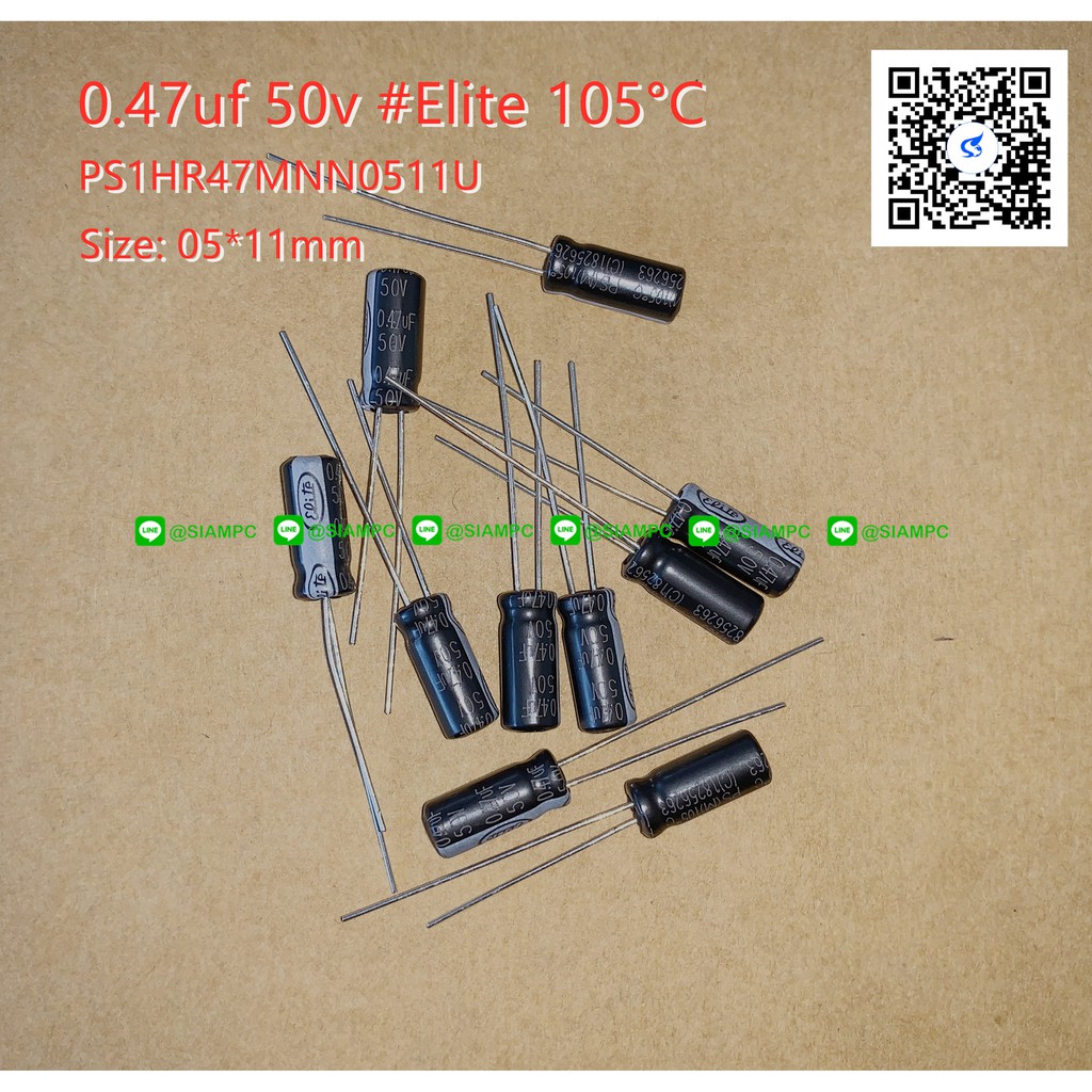 (จำนวน 10 ชิ้น) 0.47UF 50V 105C ELITE SIZE 05X11MM. สีดำ CAPACITOR คาปาซิเตอร์ PS1HR47MNN0511U