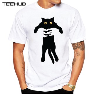 เสื้อยืดผ้าฝ้าย Teehub แมวอยู่ในมือผู้ชายเสื้อยืด Hipster แมวดำพิมพ์ท็อปส์แขนสั้น Tee เย็นเสื้อ T