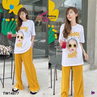 TW14877 Set 2 ชิ้น เสื้อยืด คอกลม แขนสั้น สกรีนลายกราฟฟิก มาพร้อมกางเกงขายาว เอวสม็อก ผ้าอัดพลีท ทรงโอเวอร์ไซส์ไม่อึดอัด