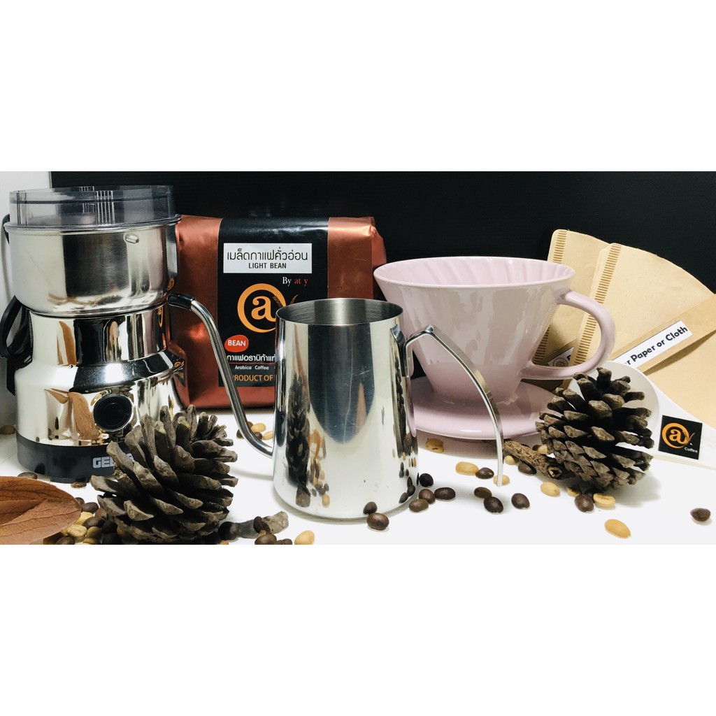 ชุดที่ a223 แก้วดริปเซรามิค สีชมพู 2-4 ที่/ช้วนตวงกาแฟ/กระดาษกรอง/กาคอยาว/เครื่องบดกาแฟไฟฟ้า/เมล็ดกา