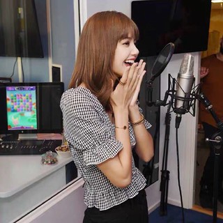 Blackpink Lisa Black and White women Sexy Korean ลายหมากรุก Retro Plaid short sleeve เสื้อเชิ้ตชีฟอง Crop Tops Shirt เสื้อผ้าแฟชั่นสไตล์เกาหลี