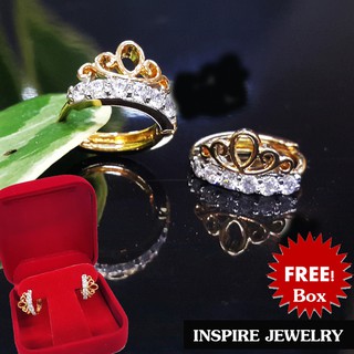 INSPIRE JEWELRY ต่างหูห่วงขาล็อค รูปมงกุฏ ต่างหูเกรดพรีเมี่ยม ฝังขอบด้วยเพชรสวิส งานจิวเวลลี่