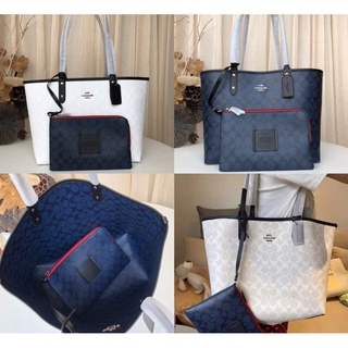 Coach 91381 ซิกเนเจอร์ Colorblock Reversible City Tote พร้อมกระเป๋าถอดได้ผู้หญิงกระเป๋าสะพายกระเป๋าถือกระเป๋าช้อปปิ้ง