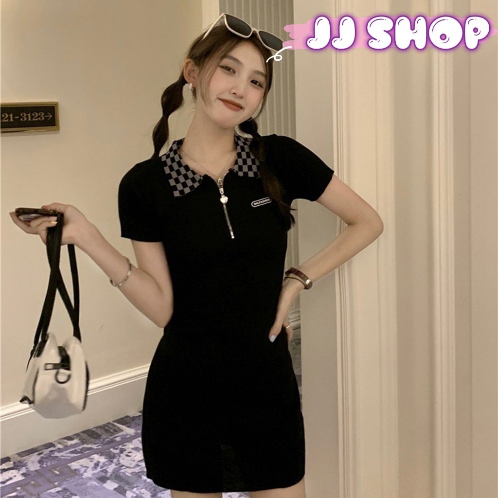 JJ shop💜 พร้อมส่ง ชุดเดรสไหมพรมรัดรูป คอปกลายตารางเก่ๆรูดซิปได้สีพื้นปังๆ "4927" -C