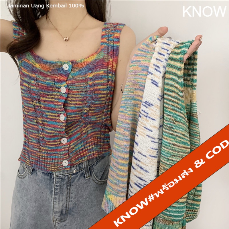 KNOW❤️0778❤️ไหมพรมผู้หญิงเสื้อกล้าม แฟชั่นสุด สบาย เสื้อคาร์ดิแกนถักนิตติ้งปุ่มสีตัดกันรุ้งเสื้อกล้ามแขนกุดผ้านิ่มใส่