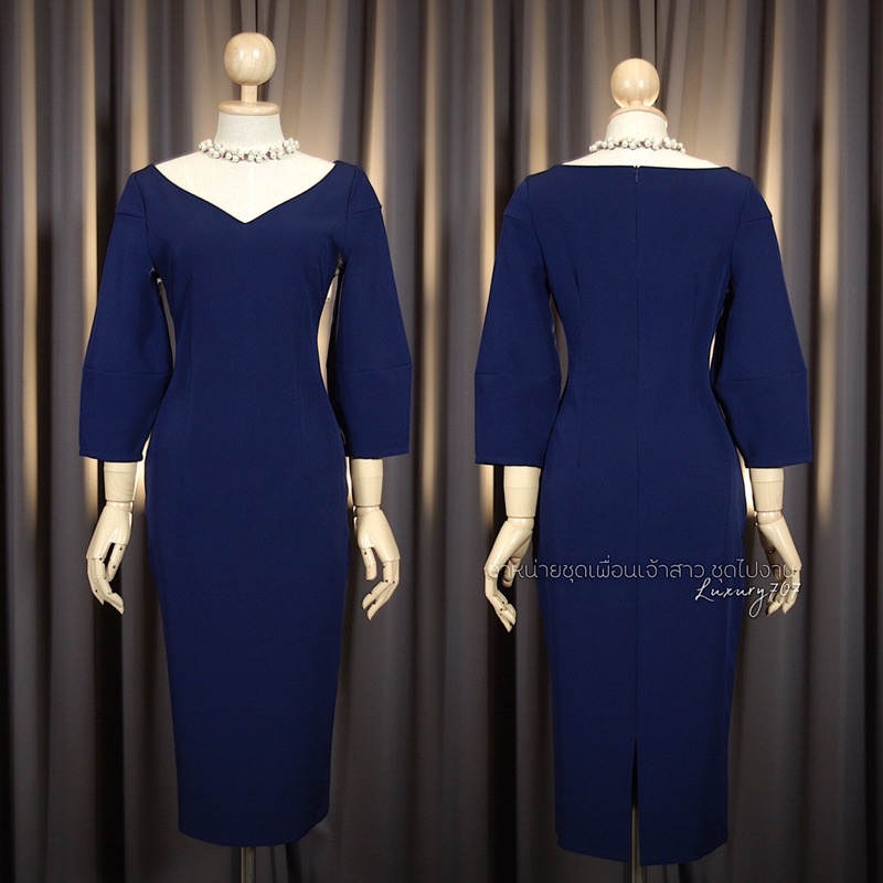 LX4103  Dress ทรงเรียบหรู แขนศอก ชุดไปงานแต่ง ชุดออกงาน เดรสเพื่อนเจ้าสาว [LUXURY707] - รูปที่ 3