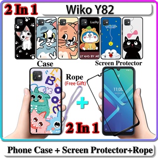 2 IN 1 เคส Wiko Y82 พร้อมกระจกนิรภัยกันรอยหน้าจอโค้ง เซรามิค ลายแมวและโดราเอมอน