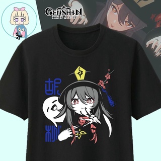 [100% Cotton] เสื้อยืดลําลอง ผ้าฝ้าย 100% แขนสั้น คอกลม พิมพ์ลาย GENSHIN HUTAO สีดํา พลัสไซซ์ XS-3XL ของขวัญวันเกิด สําห