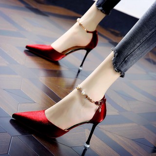 🔥Hot sale ! เซ็กซี่ซาตินหัวเข็มขัดชี้ rhinestone รองเท้าแต่งงานสีแดง 2020 ฤดูใบไม้ผลิกริชชุดรองเท้าส้นสูงรองเท้าเดียวขอ