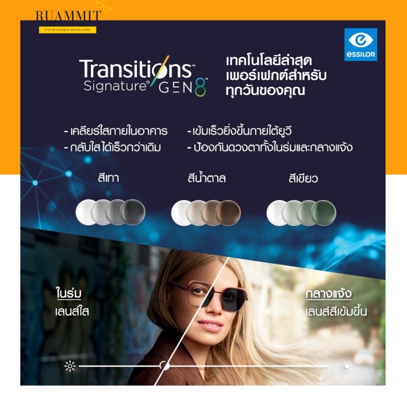 เลนส์ Essilor รุ่น Transition Gen8 / XTRactive NewGen / XTRactive Polarized/ Classic เลนส์ออกแดดเปลี