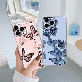 เคสโทรศัพท์มือถือแบบนิ่ม TPU ลายผีเสื้อ สีชมพู สําหรับ iPhone 14 13 12 11 Pro Max 14Plus mini X XS XR XSMAX 6 6s 5 5S 6plus 6splus 7 8 SE2020 7plus 8Plus QMZT