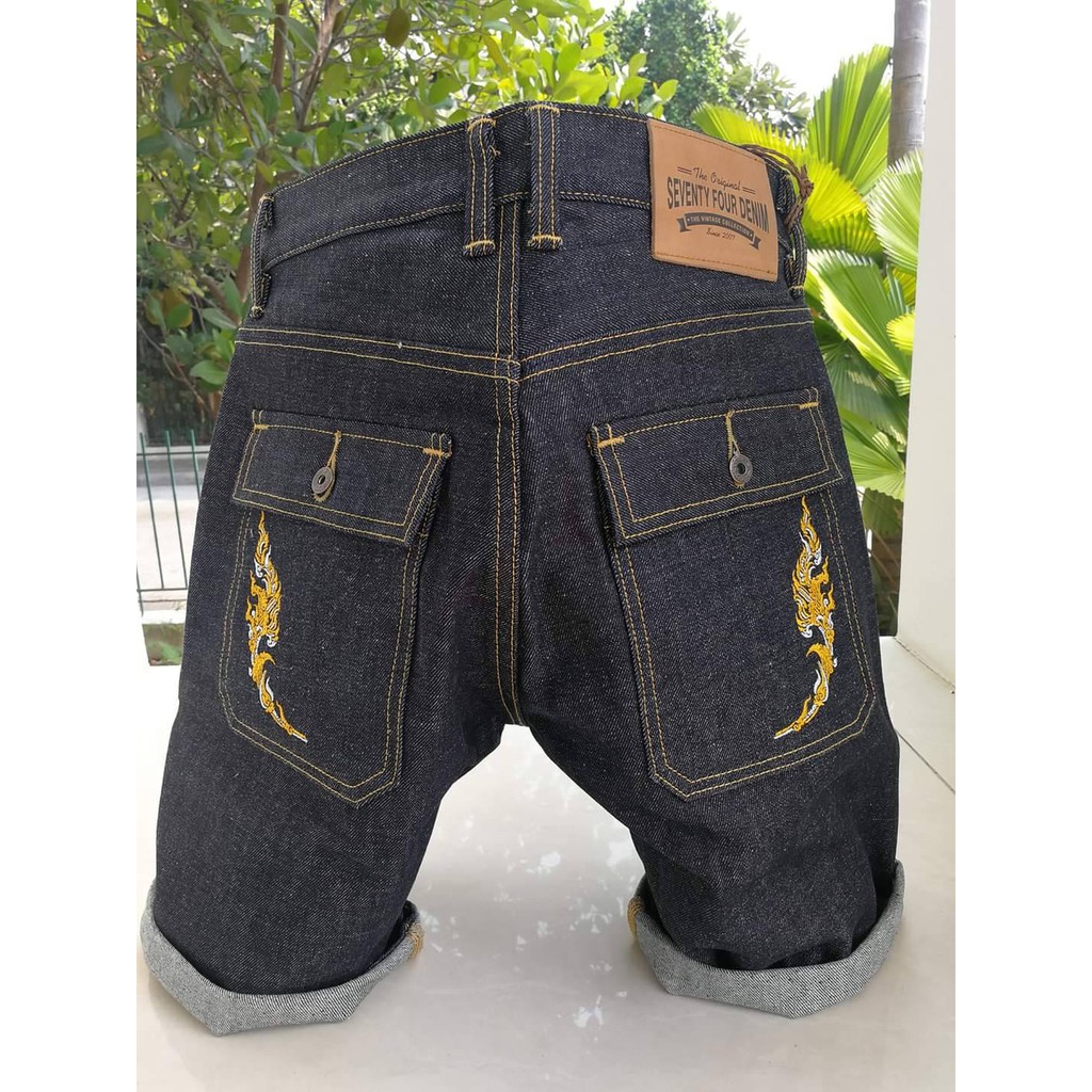 ​Seventyfourdenim​ รุ่น​สัมฤทธิ์​, S2 ขาสั้น​ชาย​ผ้า​ด้าน​ริม​แดง​หก​กระเป๋า​ ผ้า​16ออน​ (ลายใหญ่)
