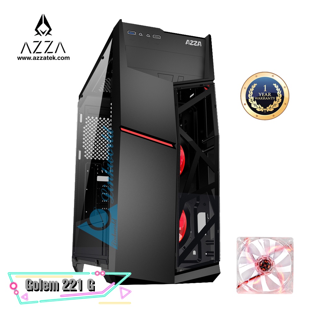AZZA Golem 221G Mid Tower Tempered Glass Gaming Case (Front with LED Red Fan x2) – Black