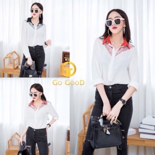 พร้อมส่ง💋เสื้อเชิ๊ตตัดต่อลูกไม้