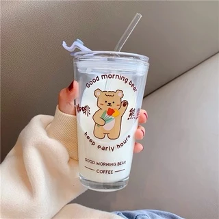 Creative Lifes Shop-แก้ว 💗แก้วน้ำน่ารัก/ถ้วยนมลายหมีน่ารัก 💗 ความจุ 450ml แถมหลอดและฝาปิด!