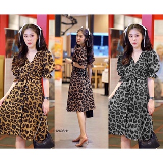 12608 Dress เดรส กระดุมผ่าหน้า ลายเสือ ผูกเอว Button front slit dress, tiger print, waist tie