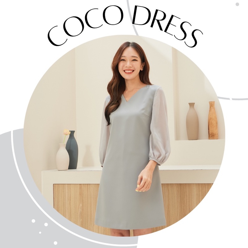 VITAVADEE Coco Dress ชุดเดรสคอวี แขนยาวตัดต่อผ้าชีฟอง