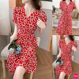 🎀Korean Fashion🎀มินิเดรสสีแดงลายใบโคลเวอร์ ชายระบาย ผูกเอว