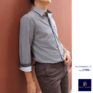 PAUL MARC เสื้อเชิ้ตพิมพ์ลาย สีเทาดำ กราฟฟิก Slim Fit ผลิตจากใยไผ่ bamboo ป้องกัน แบคทีเรีย (Anti bacteria)