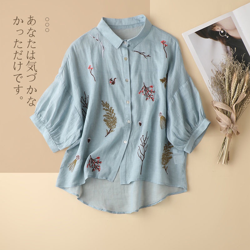 เสื้อผ้าแฟชั่นผู้หญิง เสื้อผ้าฝ้ายลินิน  แขนสามส่วน เย็บปักถักร้อย เสื้อเชิ๊ต  ขนาดใหญ่ หลวม สไตล์เกาหลี
