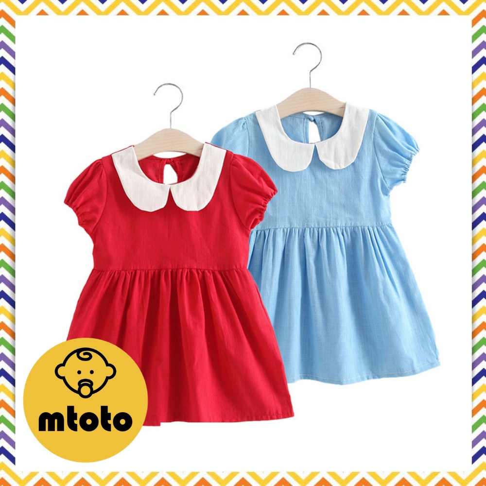 MTOTO เดรสเด็กเด็กคอบัว สีพื้น ลายดอกไม้ มินิเดรส เดรสเด็กผู้หญิง ชุดเด็ก ชุดเด็กเล็ก มี 2 สีให้เลือ
