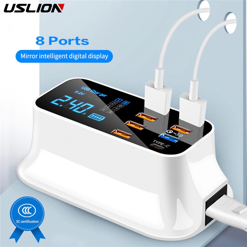 Super MINI USLION Charger 8 พอร์ต USB สถานีชาร์จ USB ประเภท C + ประเภท 8 พอร์ตจอแสดงผล LED - YC-CDA1
