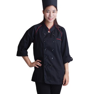 🔥แนะนำ!! เอโร่ เสื้อกุ๊กแขนสามส่วนสีดำ กุ๊นแดง Size M aro Chef Uniform C1302-1 Black/Red Size M