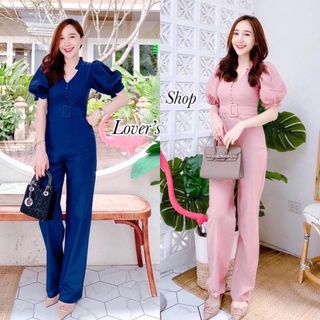 MM14018 จั๊มสูทยาวแขนพองกระดุมหน้า+เข็มขัด Long jumpsuit, puff sleeves, front button + belt