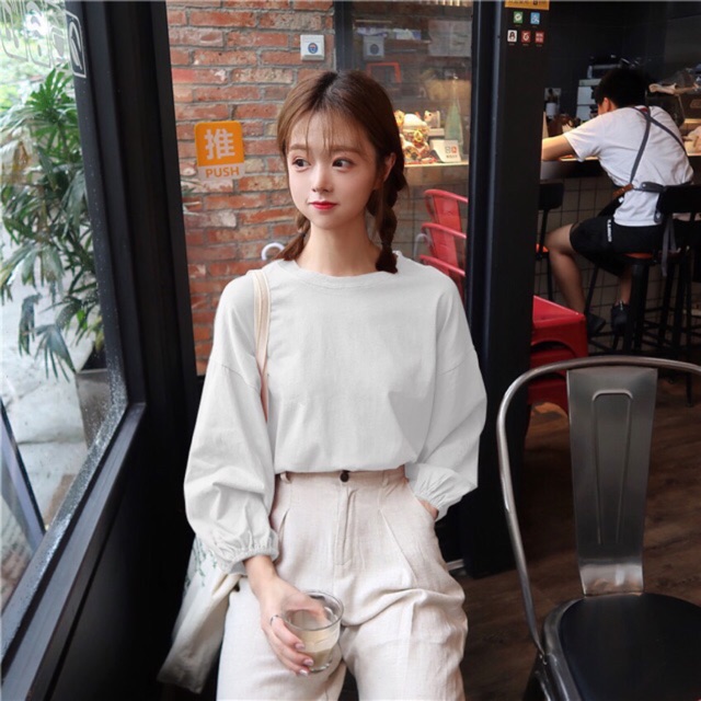 แขนยาว สไตล์มินิมอล ใส่เที่ยว/ทำงานได้ ผ้าคอตต้อนยืด 7 สี งานสวย