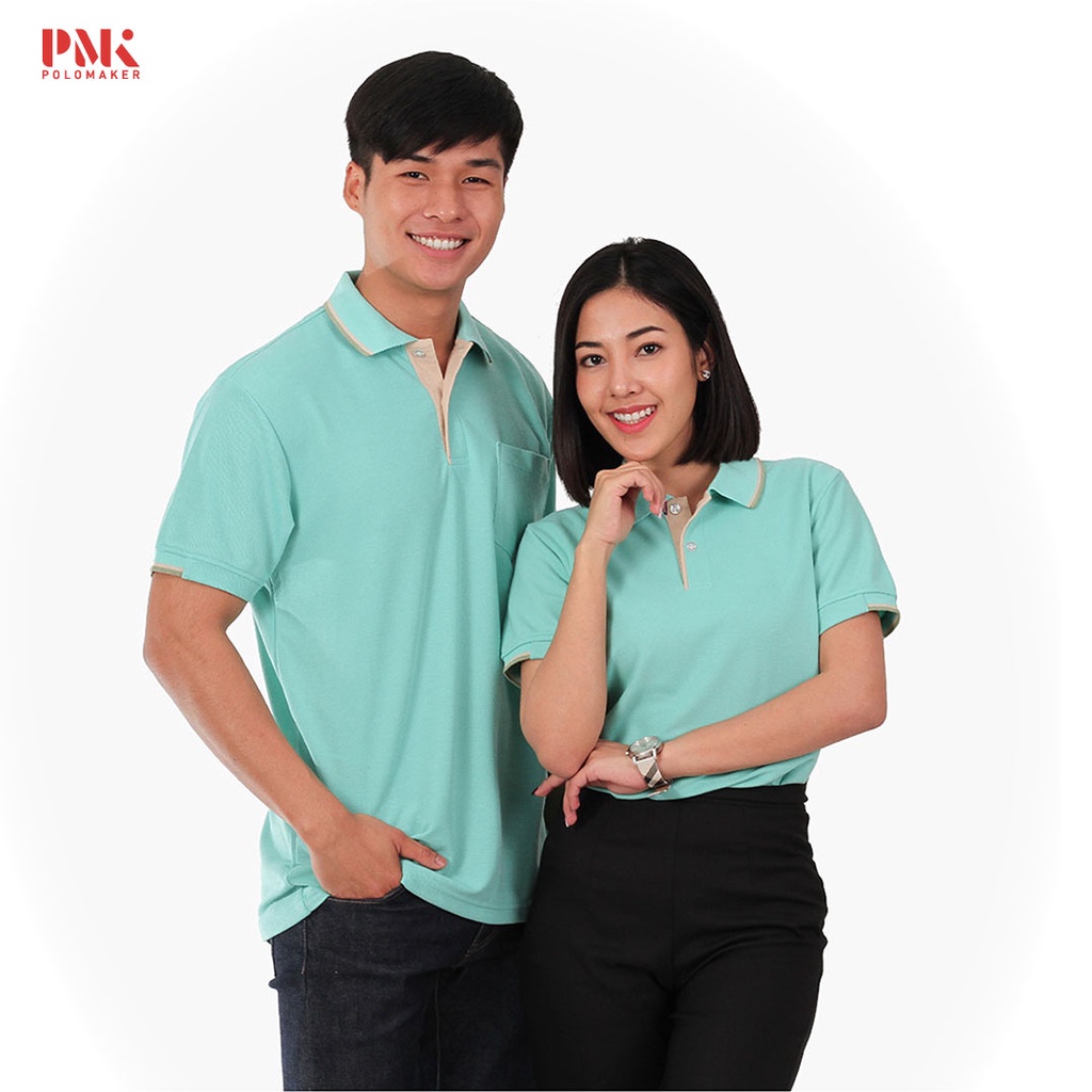 PMK - Kaneko PK027 สีเขียวมิ้นต์ - เสื้อโปโล ขลิบเทา ไม่ยับ อยู่ทรง