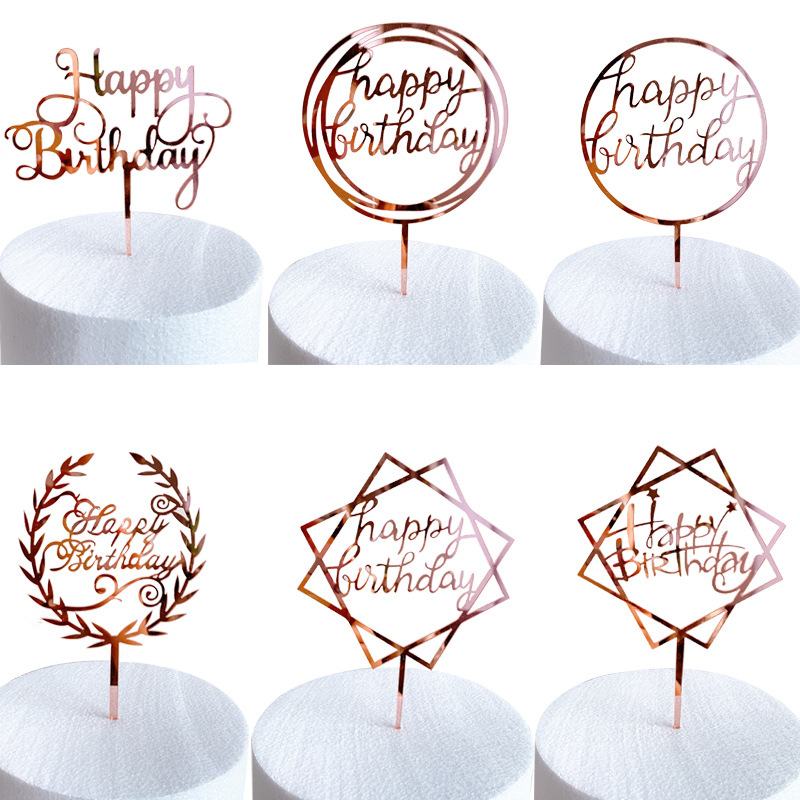 ป้ายปักเค้ก แบบอะคริลิค ลาย happy birthday สีชมพู