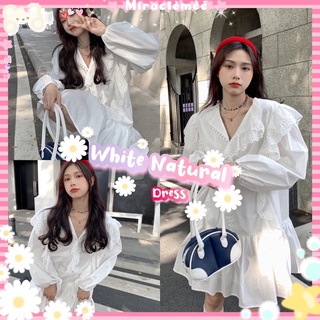 White Natural พร้อมส่ง เดรสสีขาวเรียบ คอวี แต่งระบาย แขนยาว โทนสีขาว ทรงoversize แต่งระบาย เดรสฟรุ้งฟริ้ง งานป้ายypy
