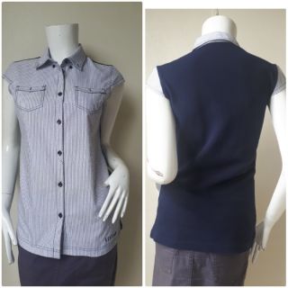ELLE GOLF เสื้อเชิ้ตแนสั้น ด้านหน้าลายทาง ด้านหลังผ้ายืดสีกรมท่า Size 90 รอบอก  40 นิ้วค่ะ