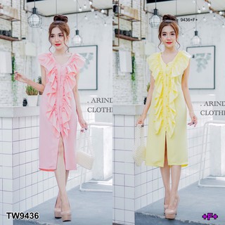 J9436 Dress เดรสแขนกุดแต่งระบายหน้า