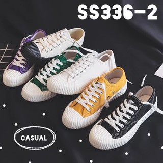 SS336-2 รองเท้าผ้าใบลำลองทรงคลาสสิกขอบหยัก ผ้าแคนวาส สีดำ/ขาวล้วน/เหลือง/ม่วง