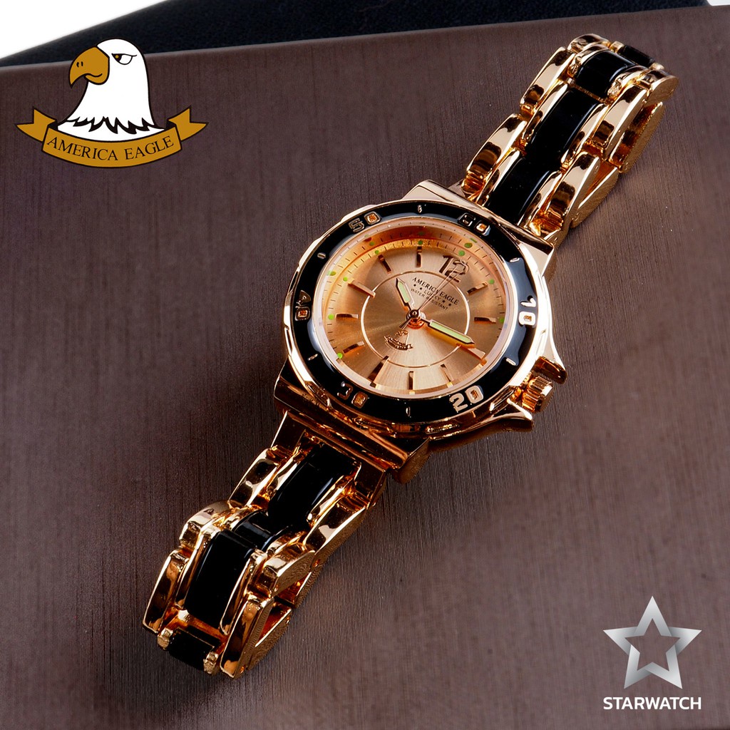 ☇AMERICA EAGLE นาฬิกาข้อมือผู้หญิง สายสแตนเลส รุ่น AE112L – PG/BLACK/PG