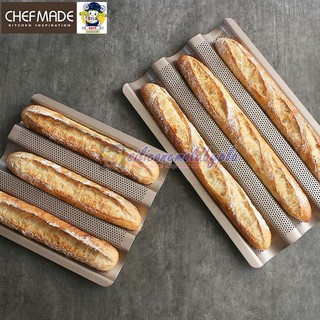 (Chefmade แท้) ถาดอบ ถาดอบขนม ถาดอบขนมปังฝรั่งเศส​ เคลือบสีทอง แบบยาว 3 ช่อง มีรูระบายอากาศ อย่างดี