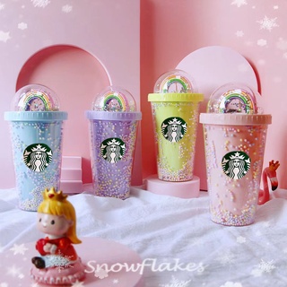 Starbucks แก้วน้ําพลาสติก มีหลอดดูดสองชั้น ลายการ์ตูน สีรุ้ง สําหรับเด็กผู้หญิง 600 มล.