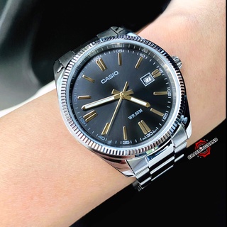 หน้าปัดหยักร่องสไตล์Rolex นาฬิกาข้อมือผู้ชายแท้ Casioแท้ หน้าปัดสีดำตัดเข็มสีทอง คาสิโอลดราคา สแตนเลสสีเงิน มีใบประกัน