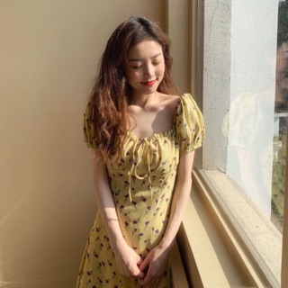 🌼 Diana yellow dress ชุดเดรสสั้นสีเหลือง ลายดอกไม้ เเขนจั๊มตุ๊กตา 🌈