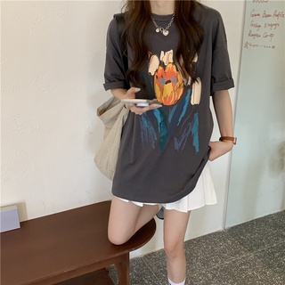 littlebee🍄2324เสื้อยืดโอเวอร์ไซส์ผู้หญิง ทิวลิปลวดลาย（oversized T-shirt）