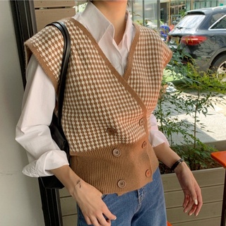 Vest Retro V-neck Check Cardigan Knit Vest